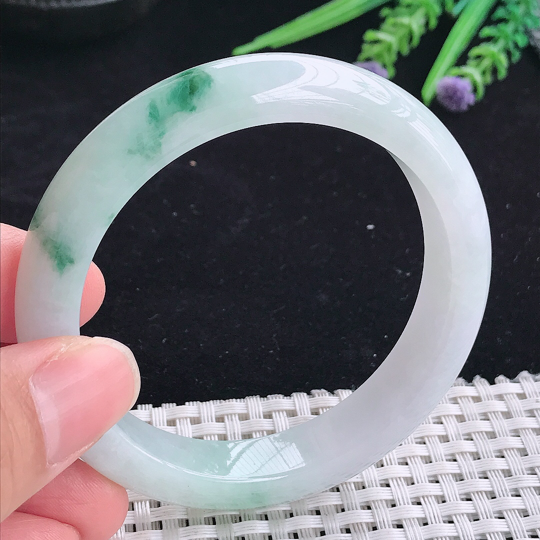 自然光55.5/11.8/8.3老坑冰润起胶飘花宽边手镯平安镯翡翠玉镯美人镯