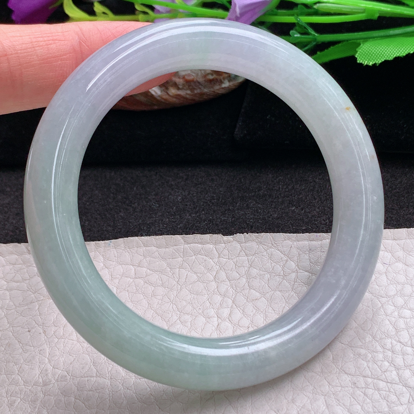 hh实拍55.5*10.7*10.5招财镯 天然缅甸翡翠手镯半山水水润圆条玉镯子