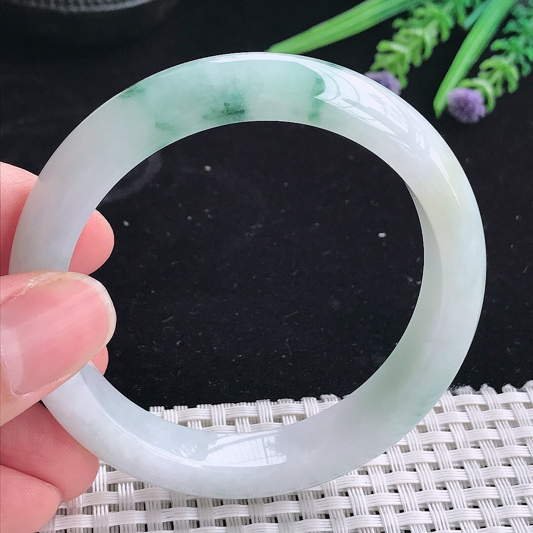自然光55.5/11.8/8.3老坑冰润起胶飘花宽边手镯平安镯翡翠玉镯美人镯