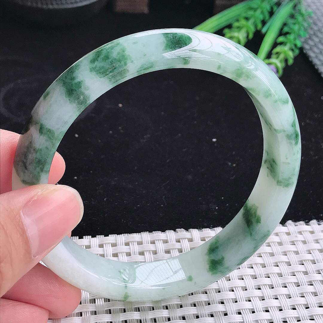 自然光63/13/8.3大圈口老坑精美冰润飘花宽边手镯平安镯翡翠玉镯美人镯