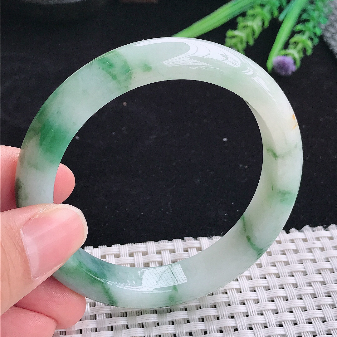 自然光57.5/14.7/8.7老坑精美冰润飘花宽边手镯平安镯翡翠玉镯美人镯