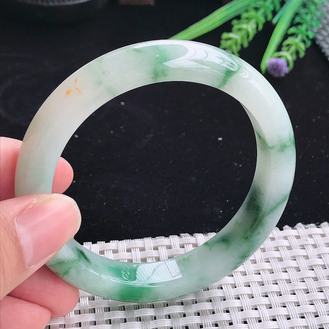 自然光57.5/14.7/8.7老坑精美冰润飘花宽边手镯平安镯翡翠玉镯美人镯