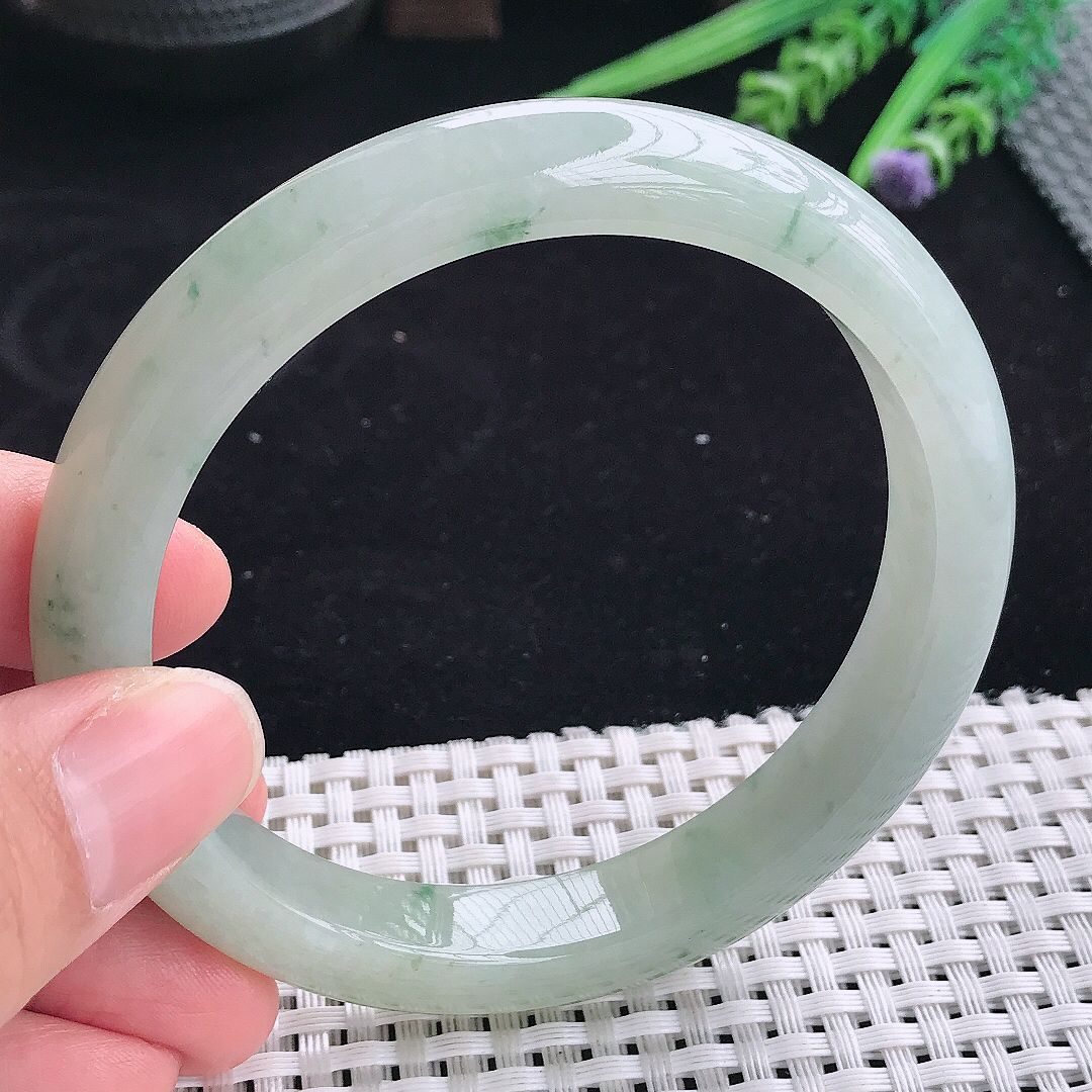 自然光63.5/11.4/8.8大圈口老坑冰润起胶飘花宽边手镯平安镯翡翠玉镯美人镯