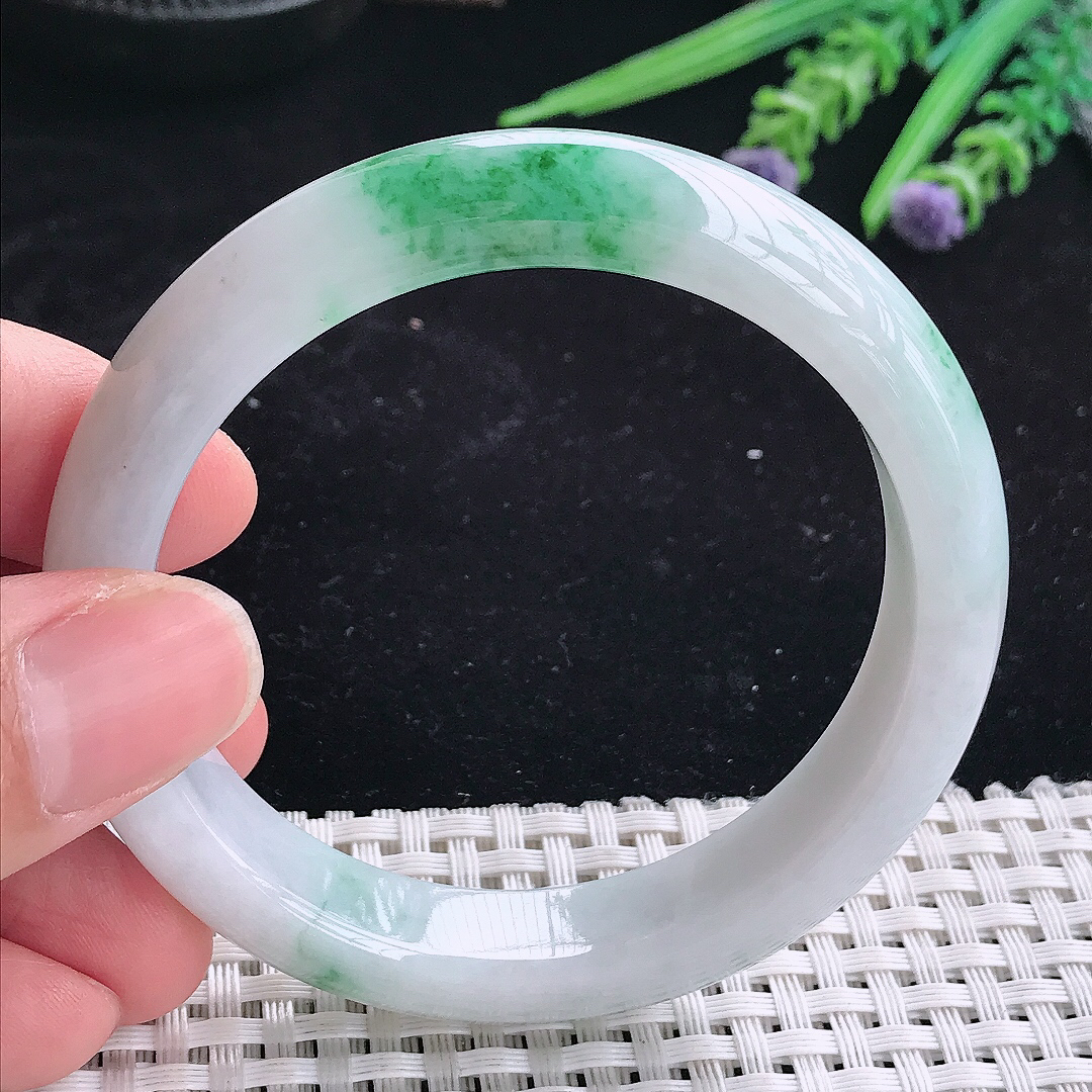 自然光55.5/12.5/8.3老坑精美冰润飘绿宽边手镯平安镯翡翠玉镯美人镯