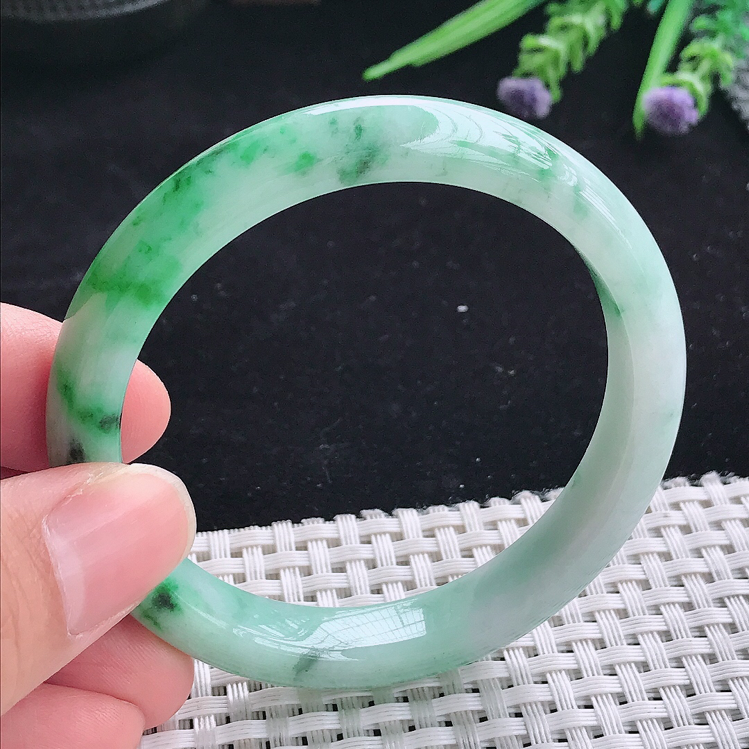 自然光55/10.6/7.6老坑精美温润飘阳绿宽边手镯平安镯翡翠玉镯美人镯
