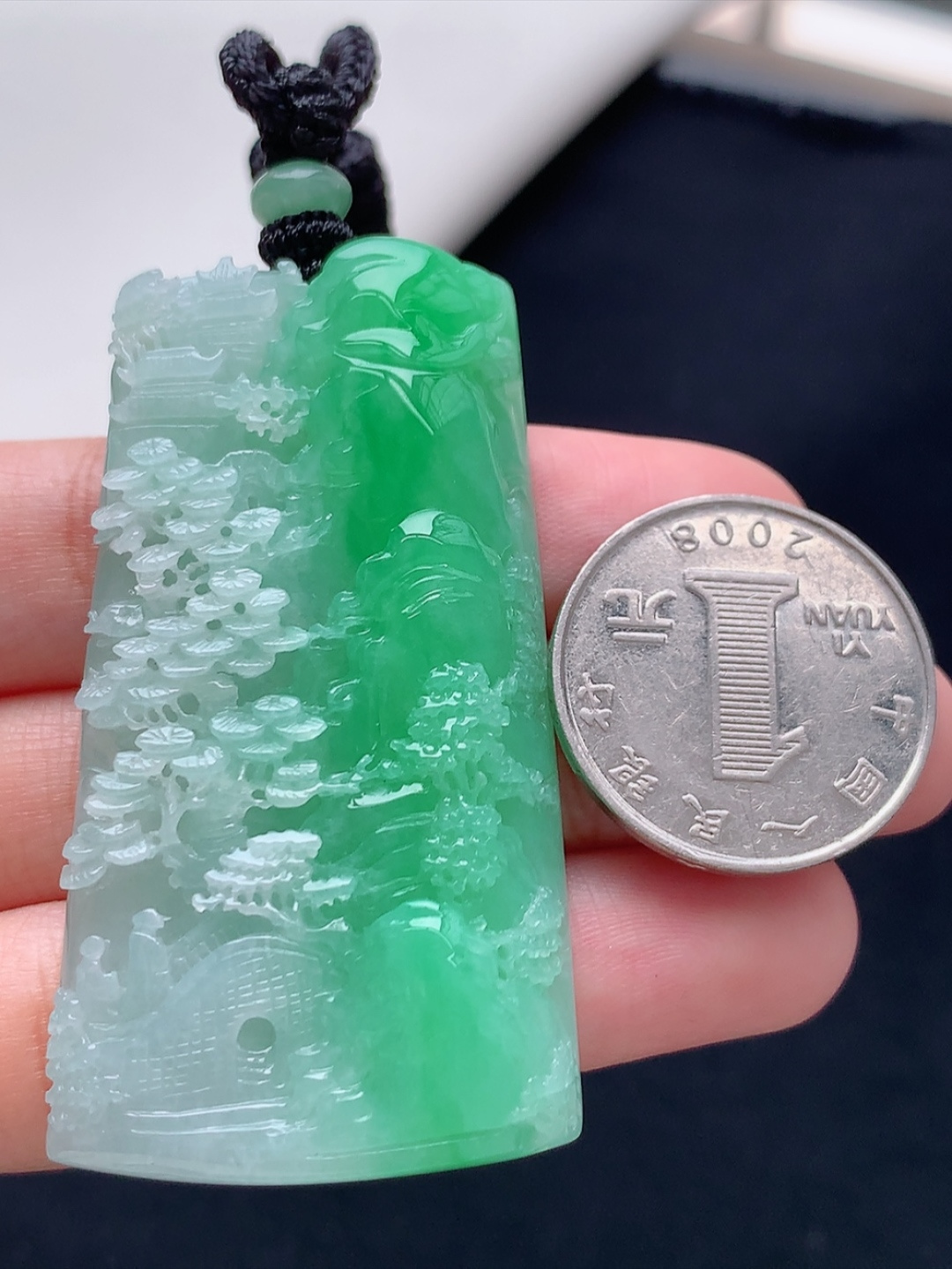 冰飘绿山水牌挂件 翠色明媚，底子细腻，佩戴福气满满 货号22503，57.9/31.6/9.5