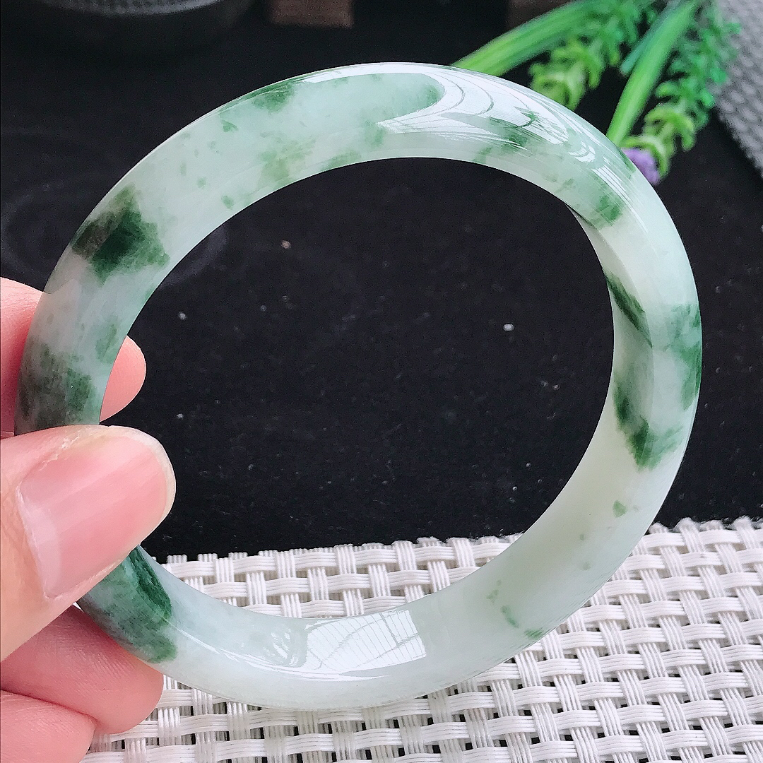 自然光63/13/8.3大圈口老坑精美冰润飘花宽边手镯平安镯翡翠玉镯美人镯