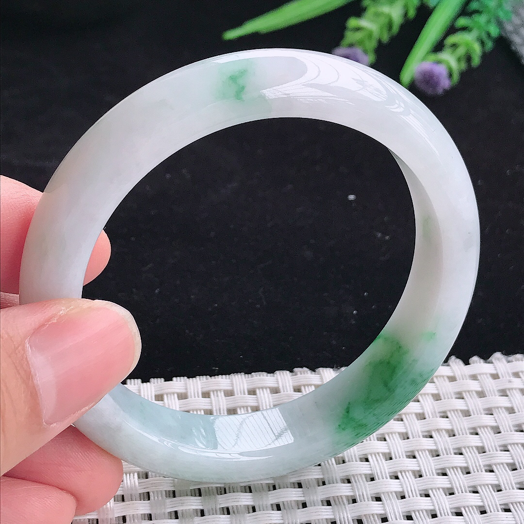 自然光55.5/12.5/8.3老坑精美冰润飘绿宽边手镯平安镯翡翠玉镯美人镯
