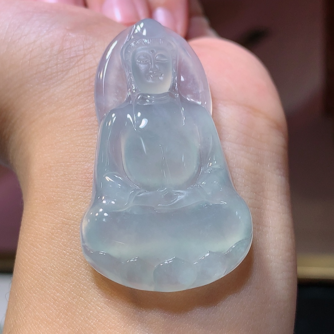 高冰观音挂件，静心美物，种老起刚，无裂冰透，盈盈起胶感，佩戴端庄优雅，货号105503，49.9/29.1/5.1