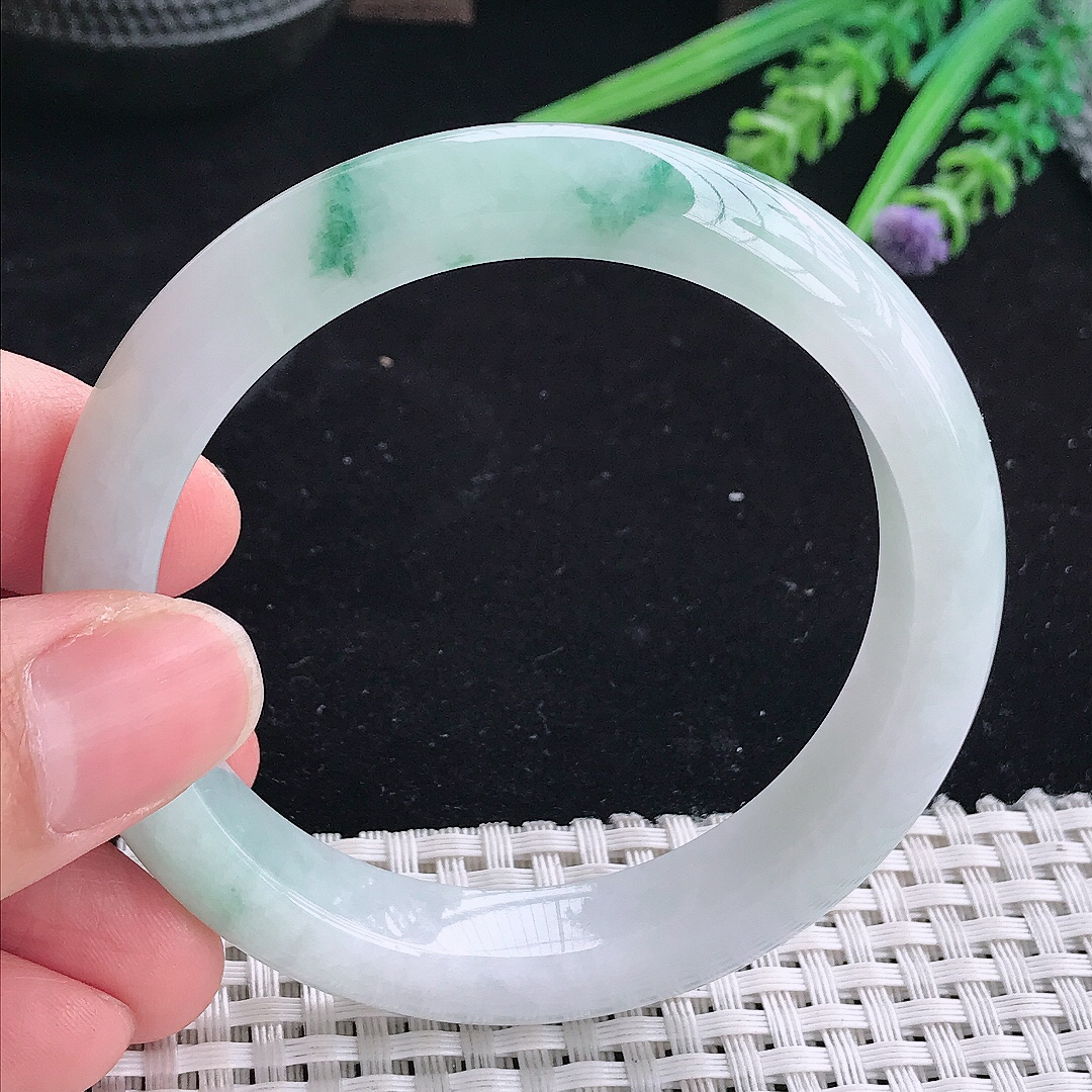 自然光55.5/11.8/8.3老坑冰润起胶飘花宽边手镯平安镯翡翠玉镯美人镯