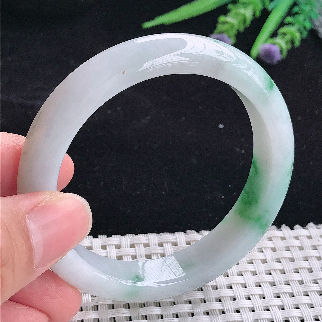 自然光55.5/12.5/8.3老坑精美冰润飘绿宽边手镯平安镯翡翠玉镯美人镯