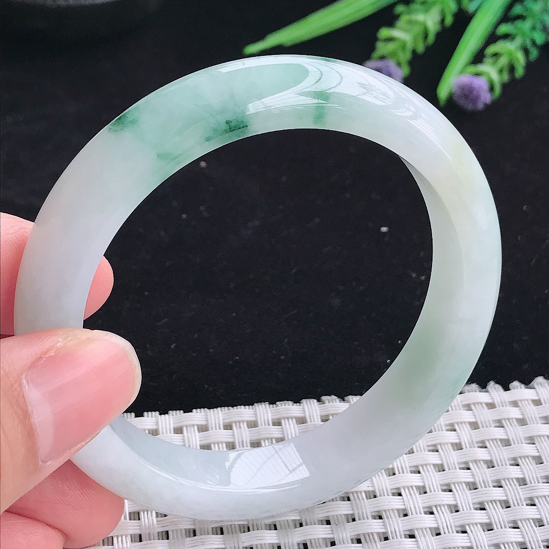 自然光55.5/11.8/8.3老坑冰润起胶飘花宽边手镯平安镯翡翠玉镯美人镯
