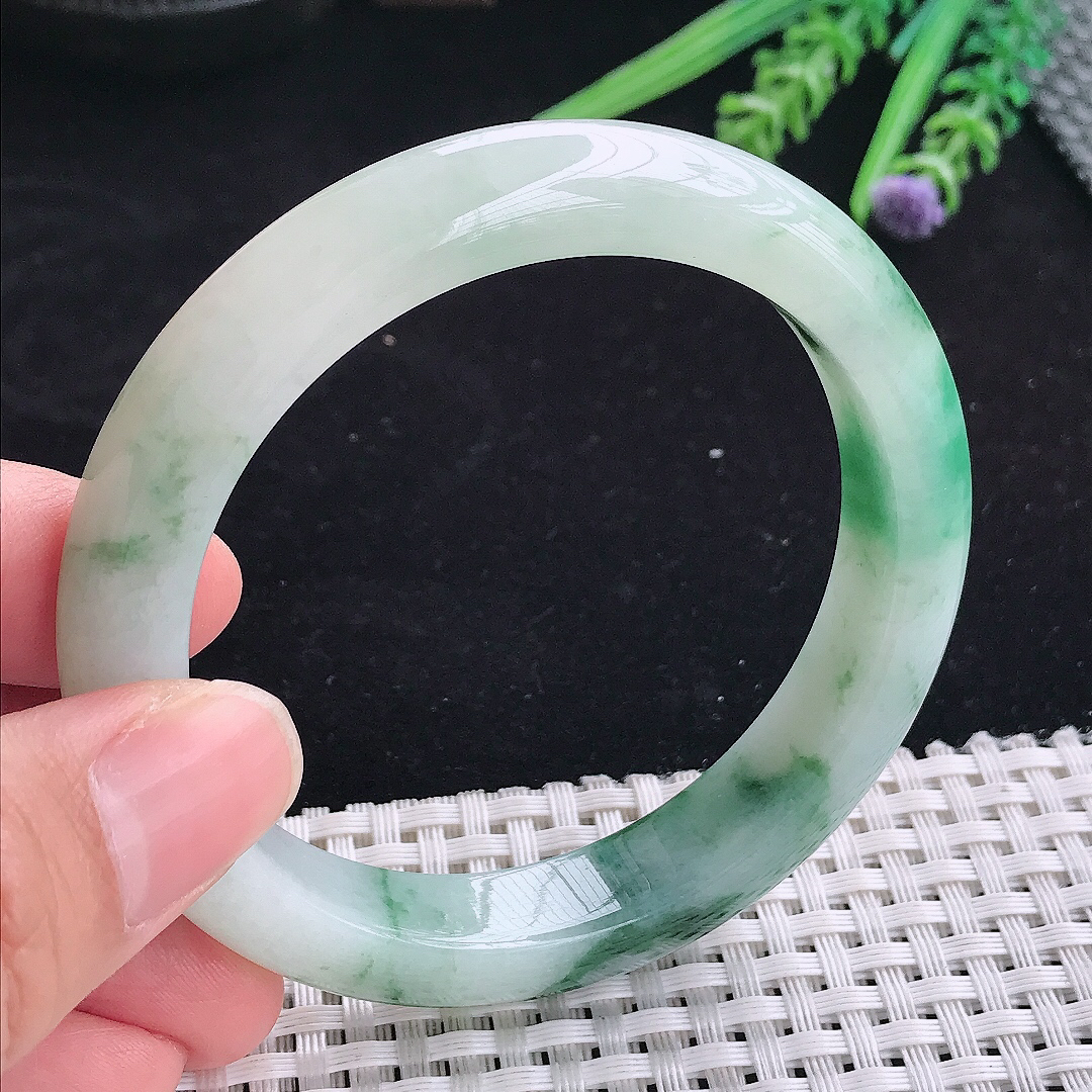 自然光57.5/14.7/8.7老坑精美冰润飘花宽边手镯平安镯翡翠玉镯美人镯