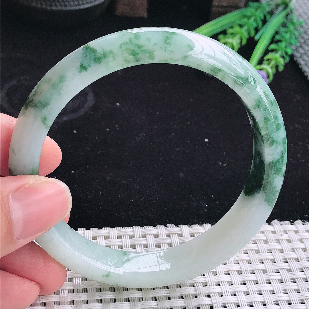 自然光63/13/8.3大圈口老坑精美冰润飘花宽边手镯平安镯翡翠玉镯美人镯