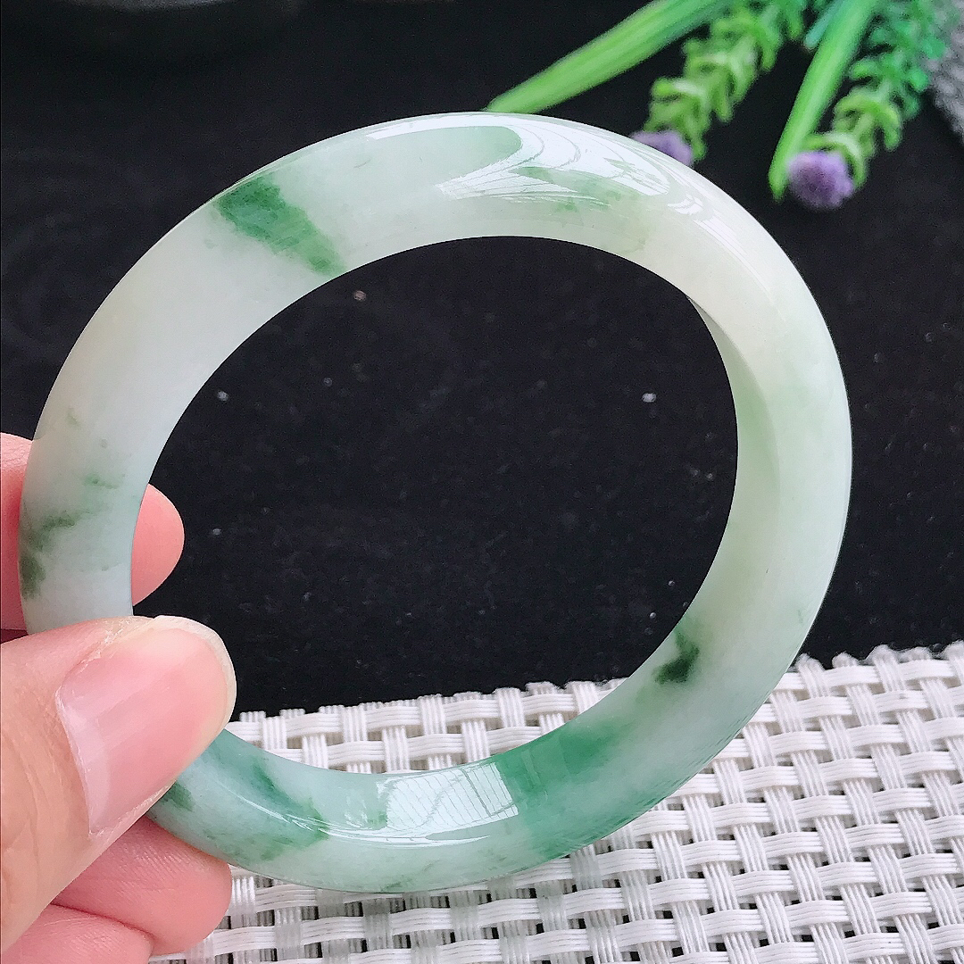 自然光57.5/14.7/8.7老坑精美冰润飘花宽边手镯平安镯翡翠玉镯美人镯