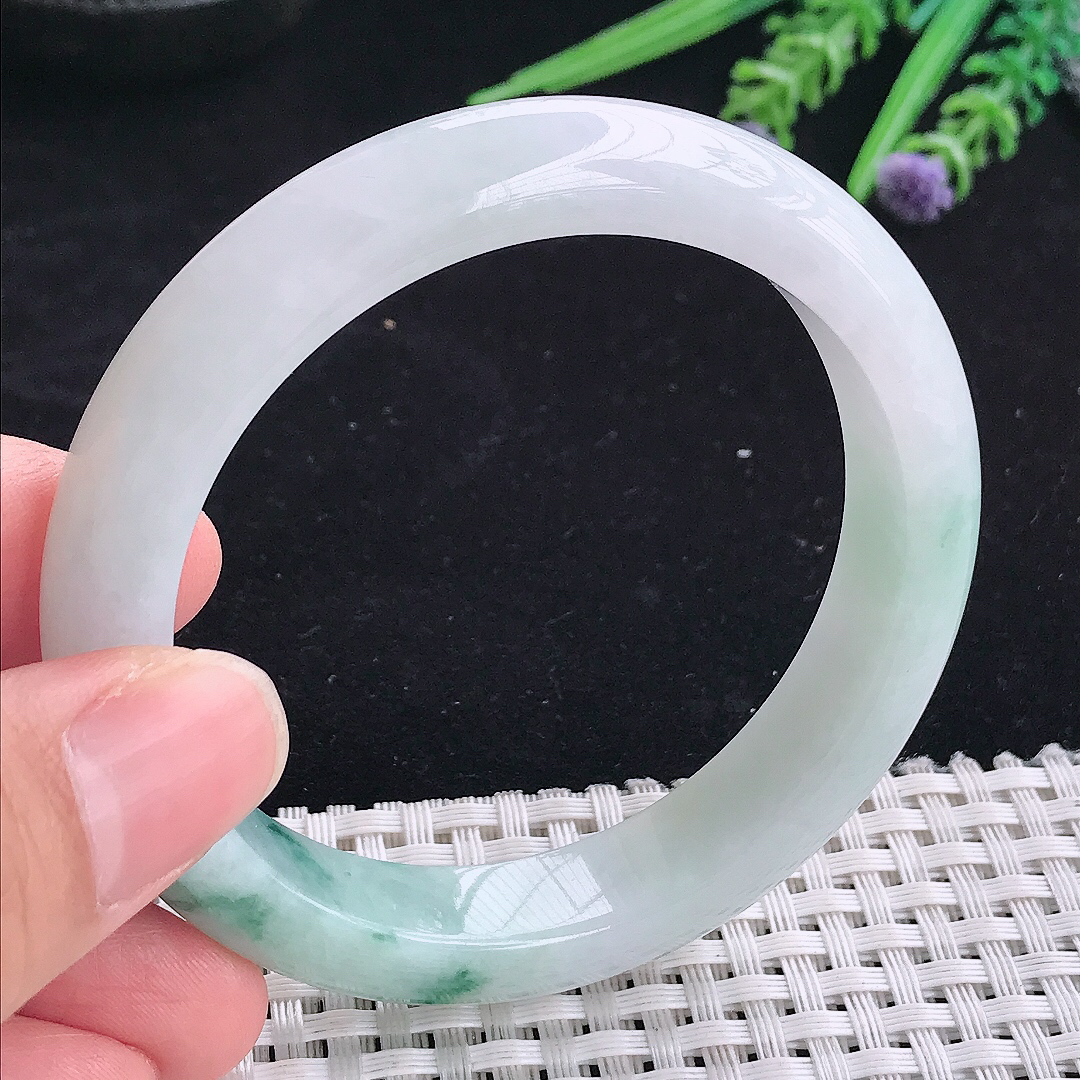 自然光55.5/11.8/8.3老坑冰润起胶飘花宽边手镯平安镯翡翠玉镯美人镯