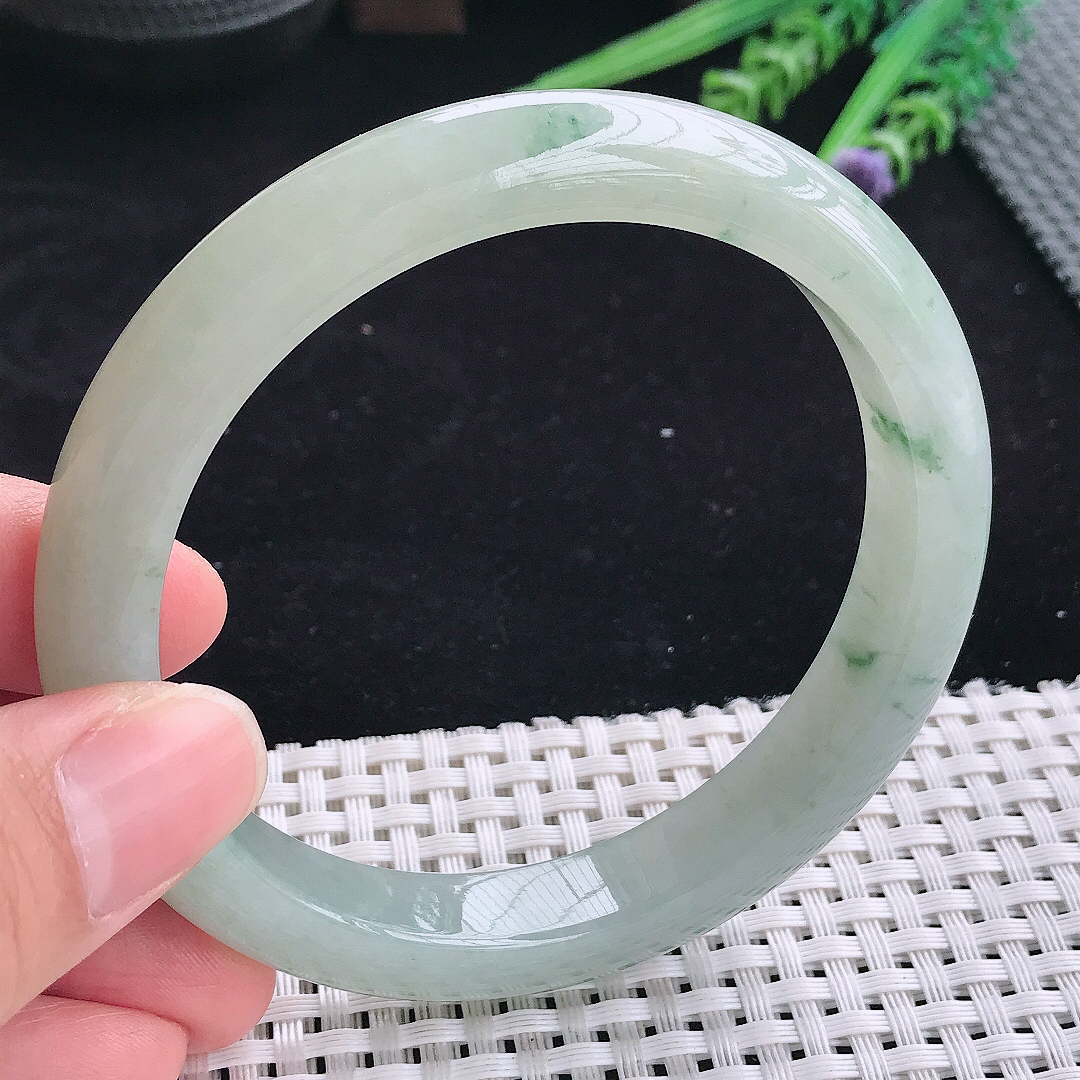 自然光63.5/11.4/8.8大圈口老坑冰润起胶飘花宽边手镯平安镯翡翠玉镯美人镯