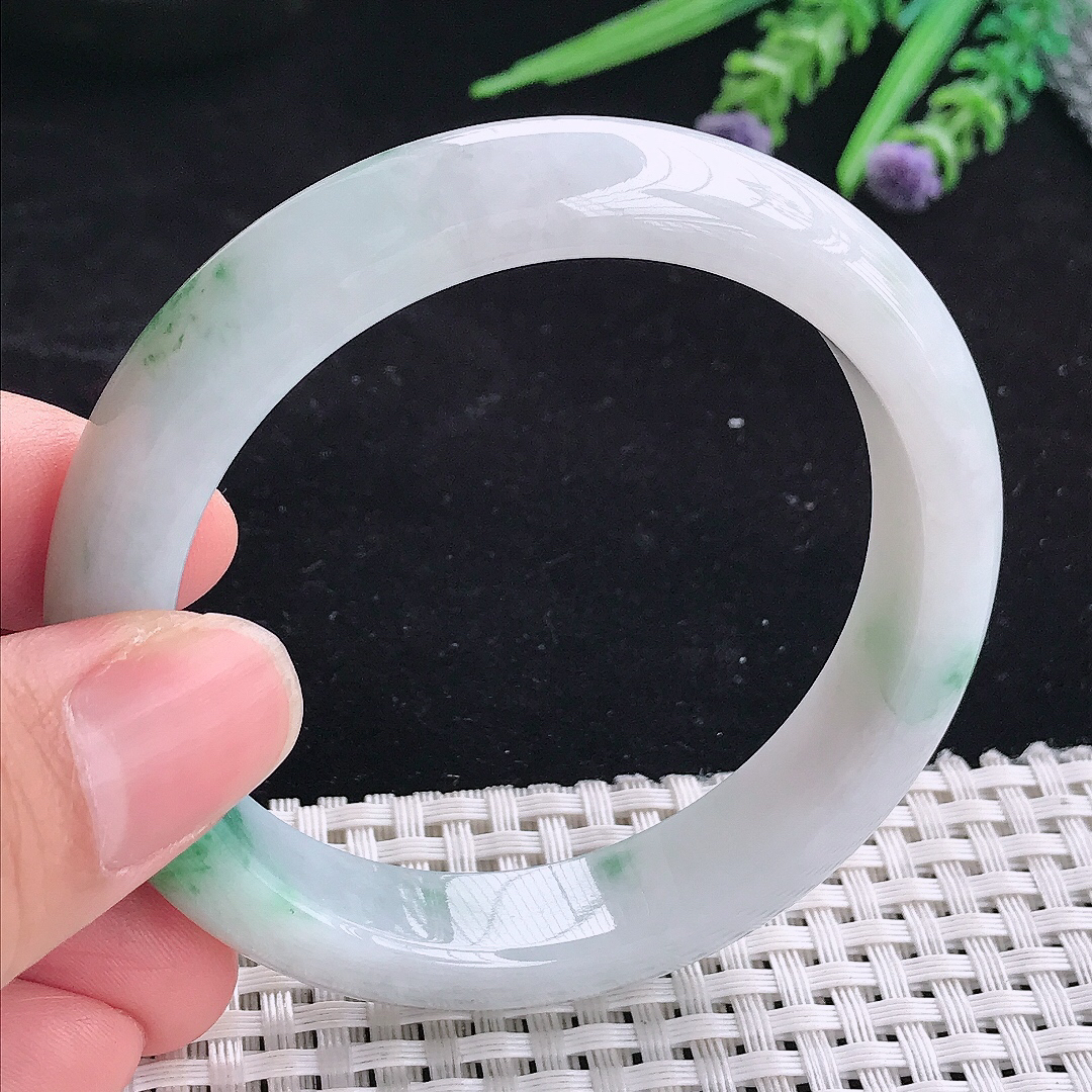 自然光55.5/12.5/8.3老坑精美冰润飘绿宽边手镯平安镯翡翠玉镯美人镯