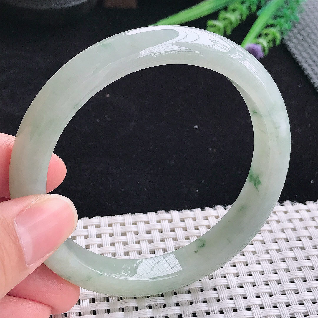 自然光63.5/11.4/8.8大圈口老坑冰润起胶飘花宽边手镯平安镯翡翠玉镯美人镯