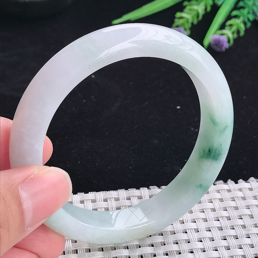 自然光55.5/11.8/8.3老坑冰润起胶飘花宽边手镯平安镯翡翠玉镯美人镯