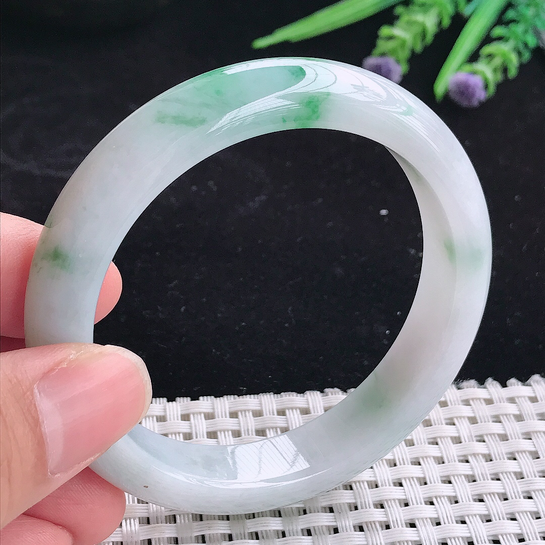 自然光55.5/12.5/8.3老坑精美冰润飘绿宽边手镯平安镯翡翠玉镯美人镯
