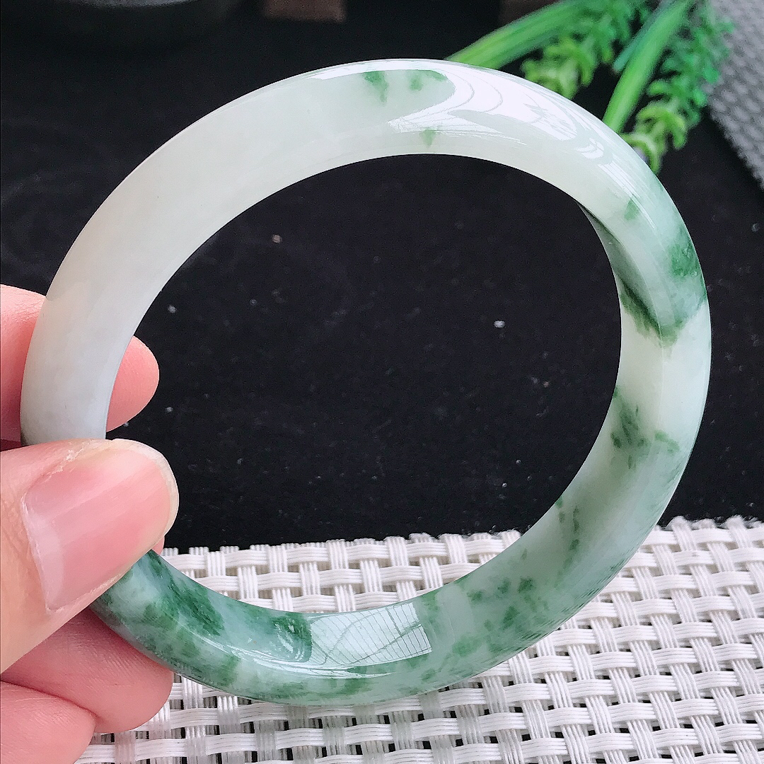 自然光63/13/8.3大圈口老坑精美冰润飘花宽边手镯平安镯翡翠玉镯美人镯
