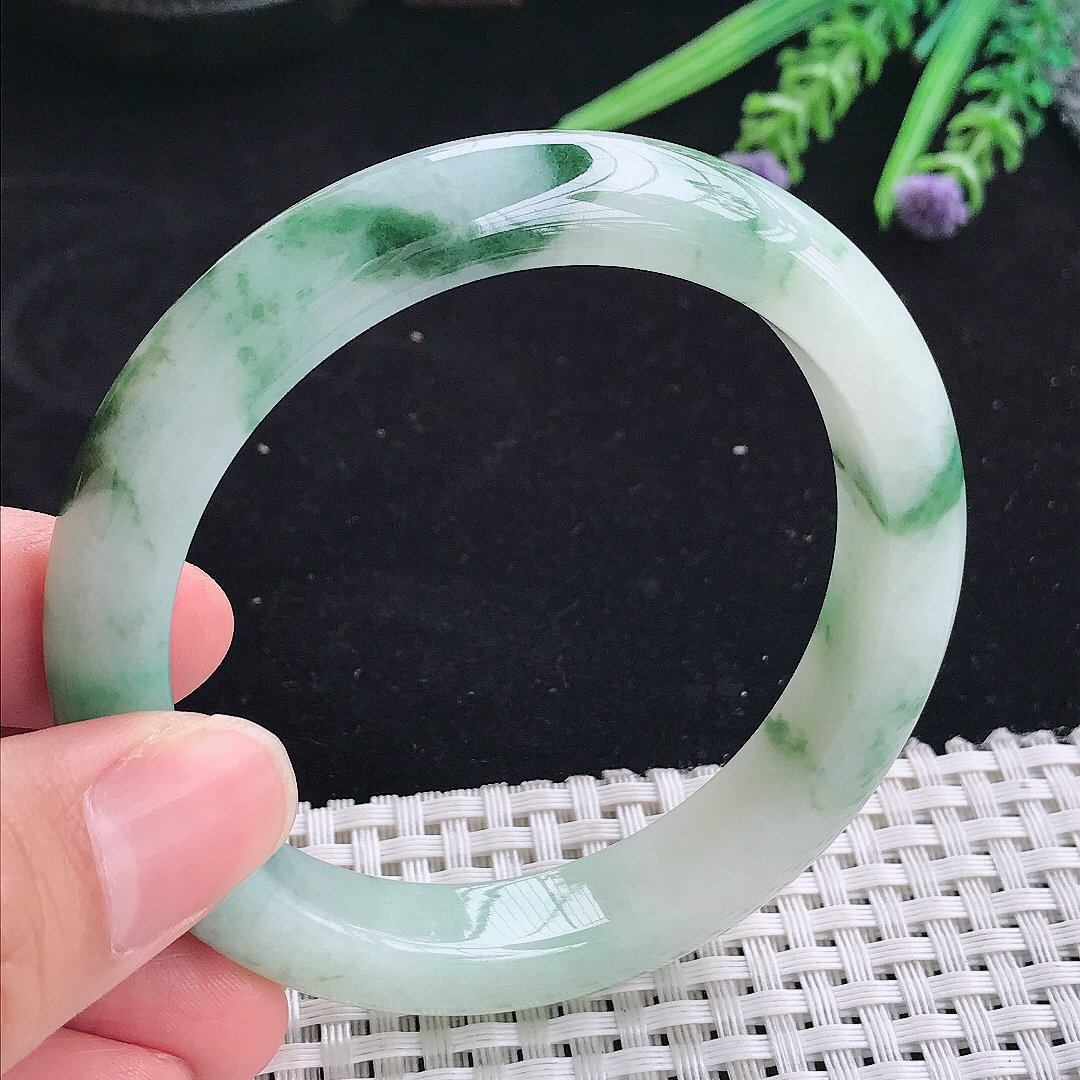 自然光57.5/14.7/8.7老坑精美冰润飘花宽边手镯平安镯翡翠玉镯美人镯