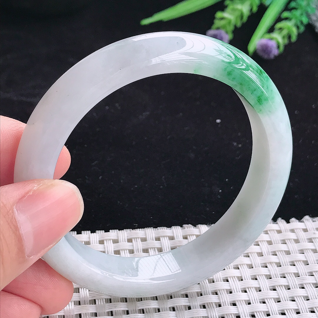 自然光55.5/12.5/8.3老坑精美冰润飘绿宽边手镯平安镯翡翠玉镯美人镯