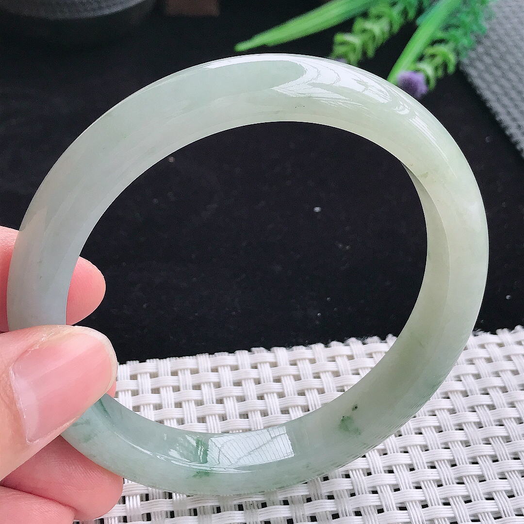 自然光63.5/11.4/8.8大圈口老坑冰润起胶飘花宽边手镯平安镯翡翠玉镯美人镯