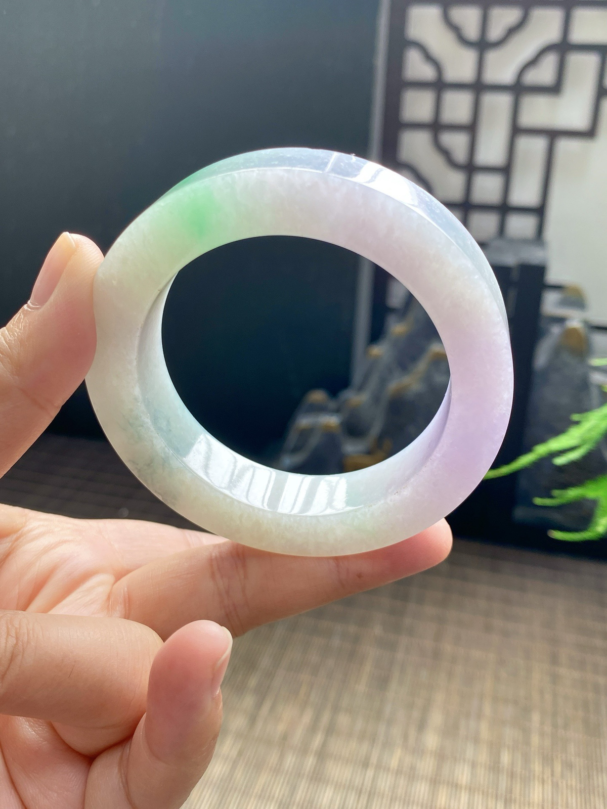 【春彩飘花手镯胚】【尺寸】54-73-12，含镯心