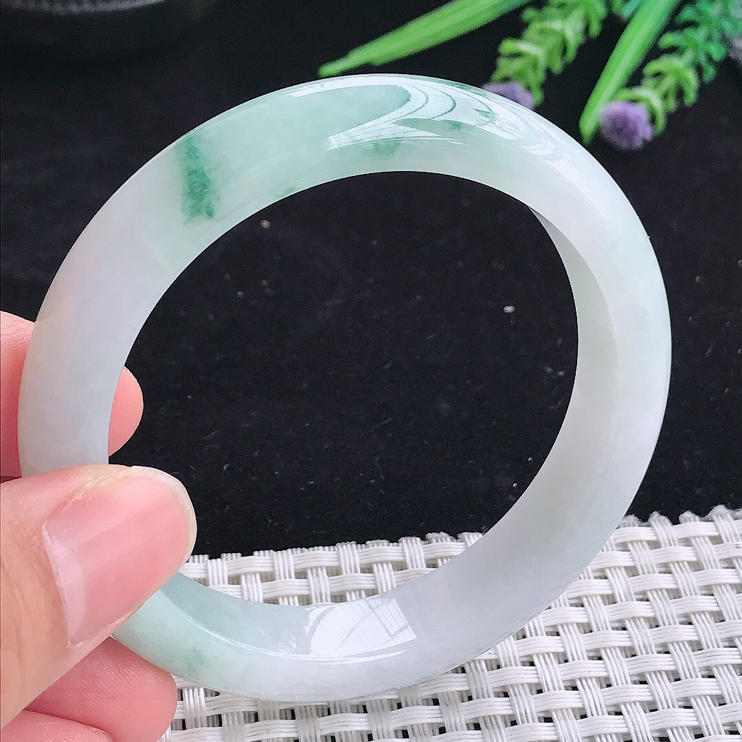 自然光55.5/11.8/8.3老坑冰润起胶飘花宽边手镯平安镯翡翠玉镯美人镯