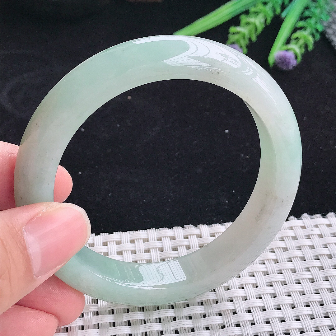 自然光56.5/12.7/9老坑冰润起胶冰晴宽边手镯平安镯翡翠玉镯美人镯