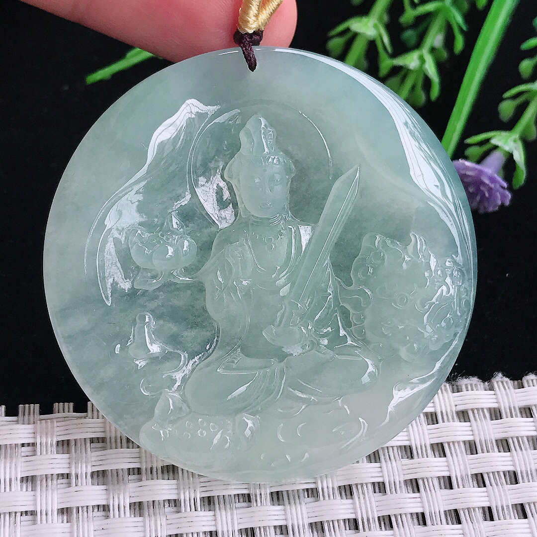 实拍A货翡翠52/5.6老坑冰胶果冻冰晴绿虚空藏菩萨吊坠翡翠玉挂件