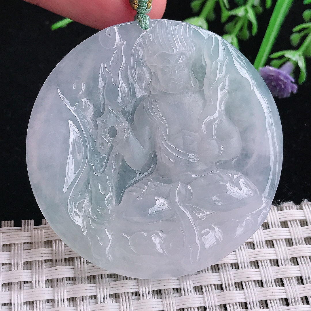 实拍A货翡翠51/5.2老坑冰透起胶白冰不动明王菩萨吊坠翡翠玉挂件
