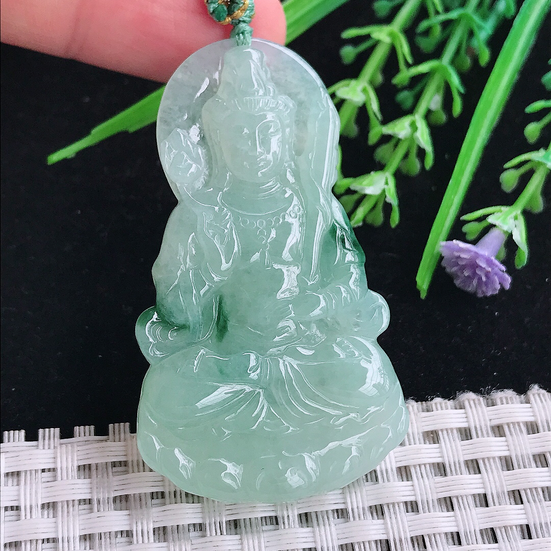 实拍A货翡翠53.8/31.5/5.6老坑精美冰润飘花虚空藏菩萨吊坠翡翠玉挂件