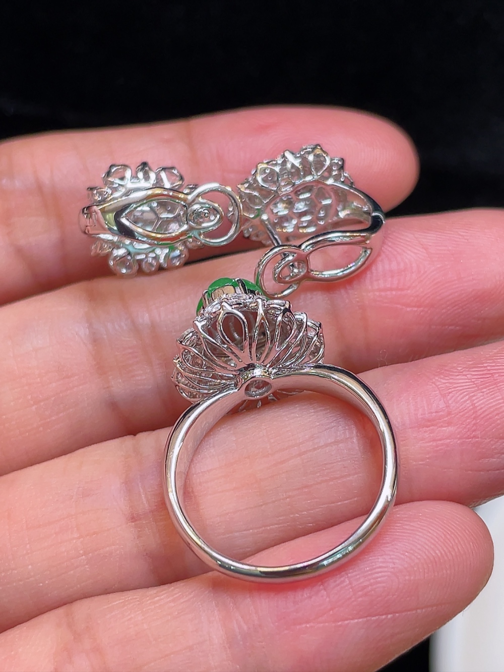 ️【高冰正阳绿，葫芦戒指+耳钉】大件饱满，通透水润，玉质细腻，翠色鲜艳，18k金奢华钻石镶嵌️，7.2-5.3-3.1