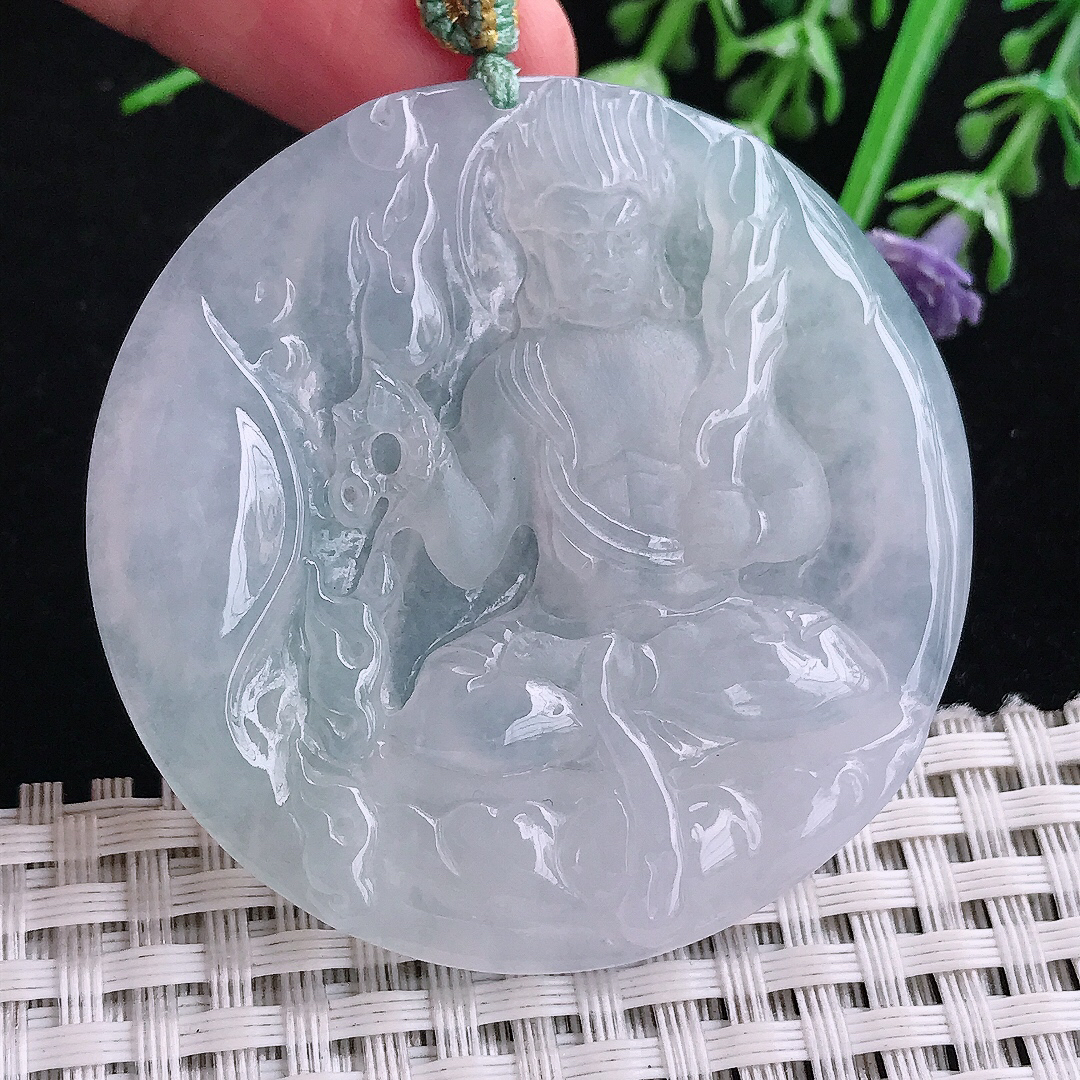 实拍A货翡翠51/5.2老坑冰透起胶白冰不动明王菩萨吊坠翡翠玉挂件