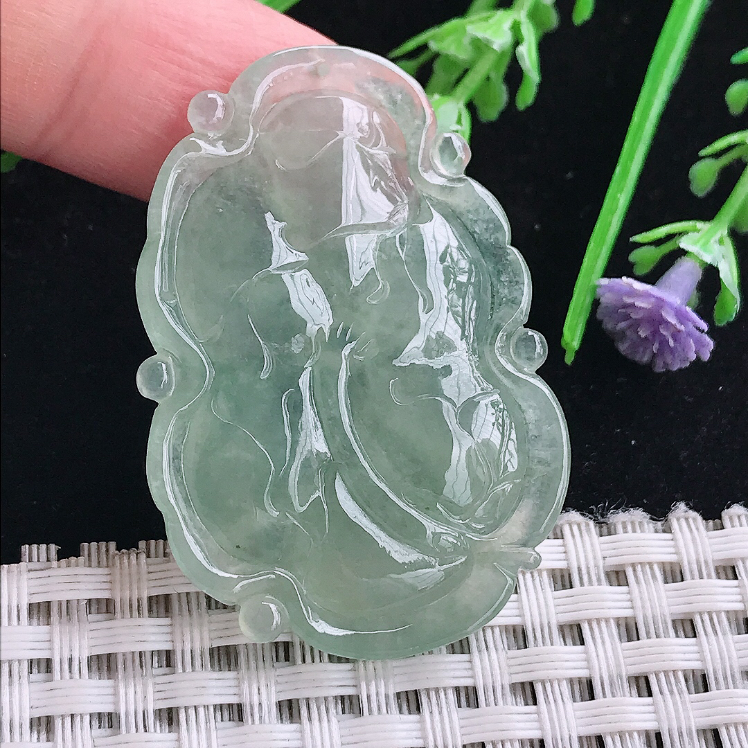 实拍A货翡翠43.3/29.7/5.2老坑冰胶果冻冰晴绿荷叶鱼吊坠翡翠玉挂件