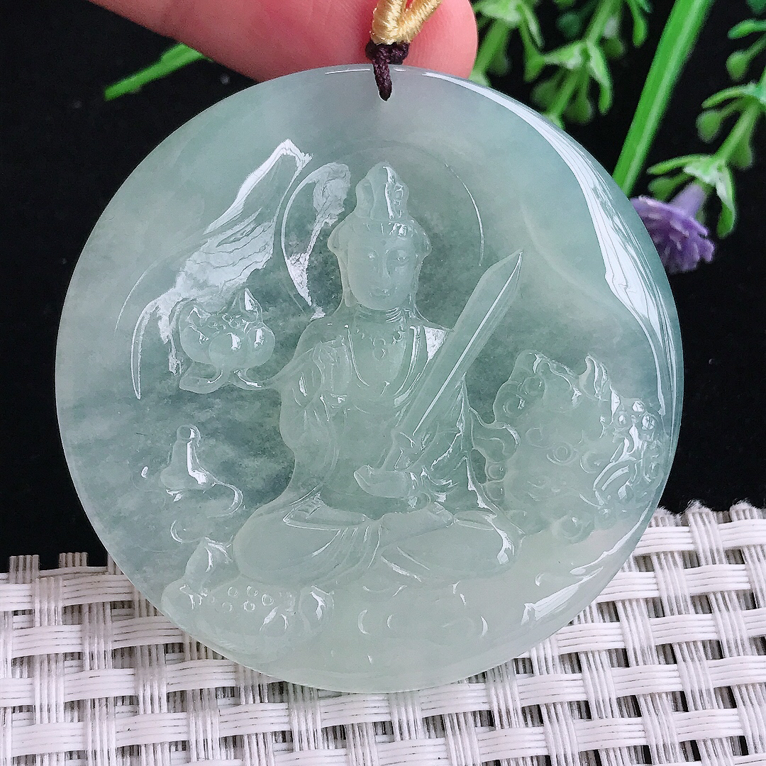 实拍A货翡翠52/5.6老坑冰胶果冻冰晴绿虚空藏菩萨吊坠翡翠玉挂件