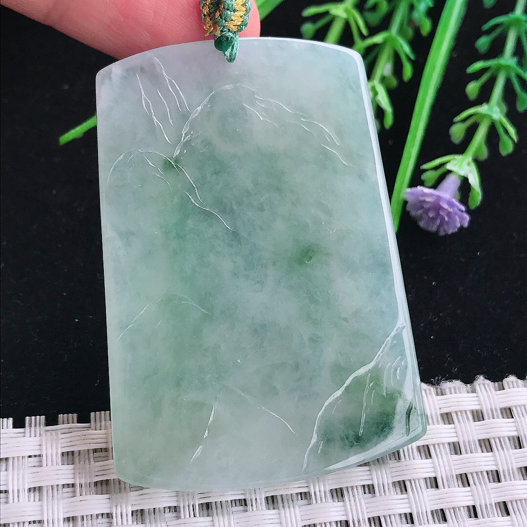 实拍A货翡翠55.8/39.5/5.8老坑冰纯起胶冰晴山水牌吊坠翡翠玉挂件