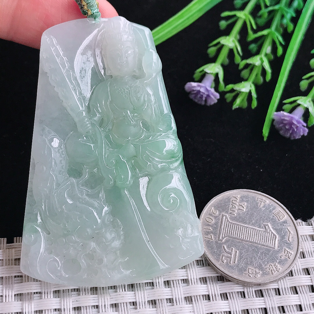 实拍A货翡翠61/41/5.3老坑冰润起胶冰晴虚空藏菩萨吊坠翡翠玉挂件
