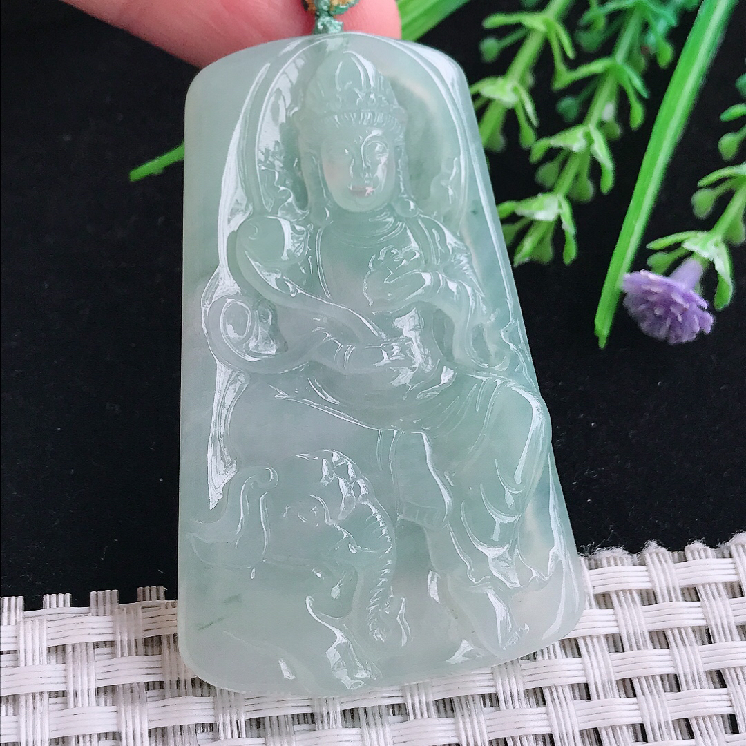 实拍A货翡翠58.8/36.2/6老坑冰胶果冻冰晴普贤菩萨吊坠翡翠玉挂件