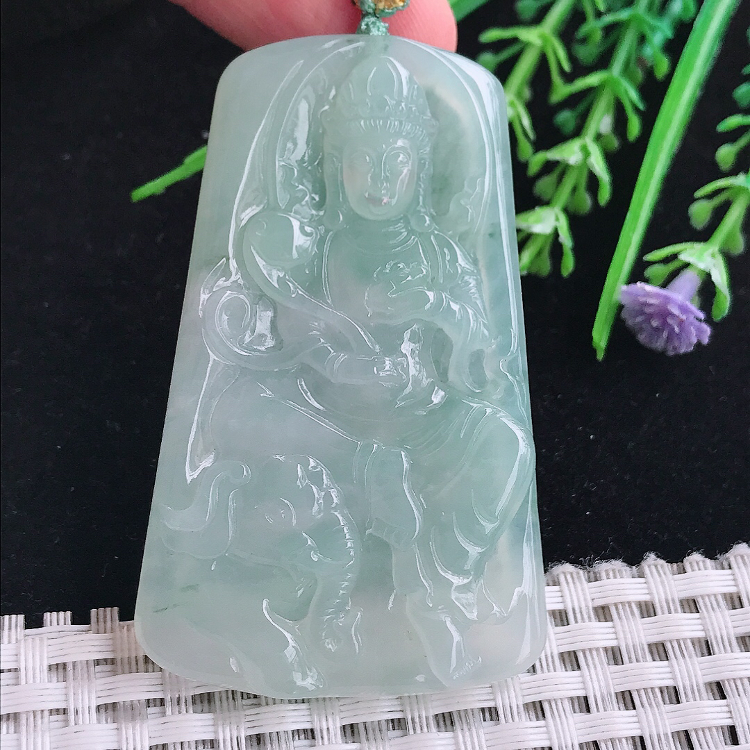 实拍A货翡翠58.8/36.2/6老坑冰胶果冻冰晴普贤菩萨吊坠翡翠玉挂件