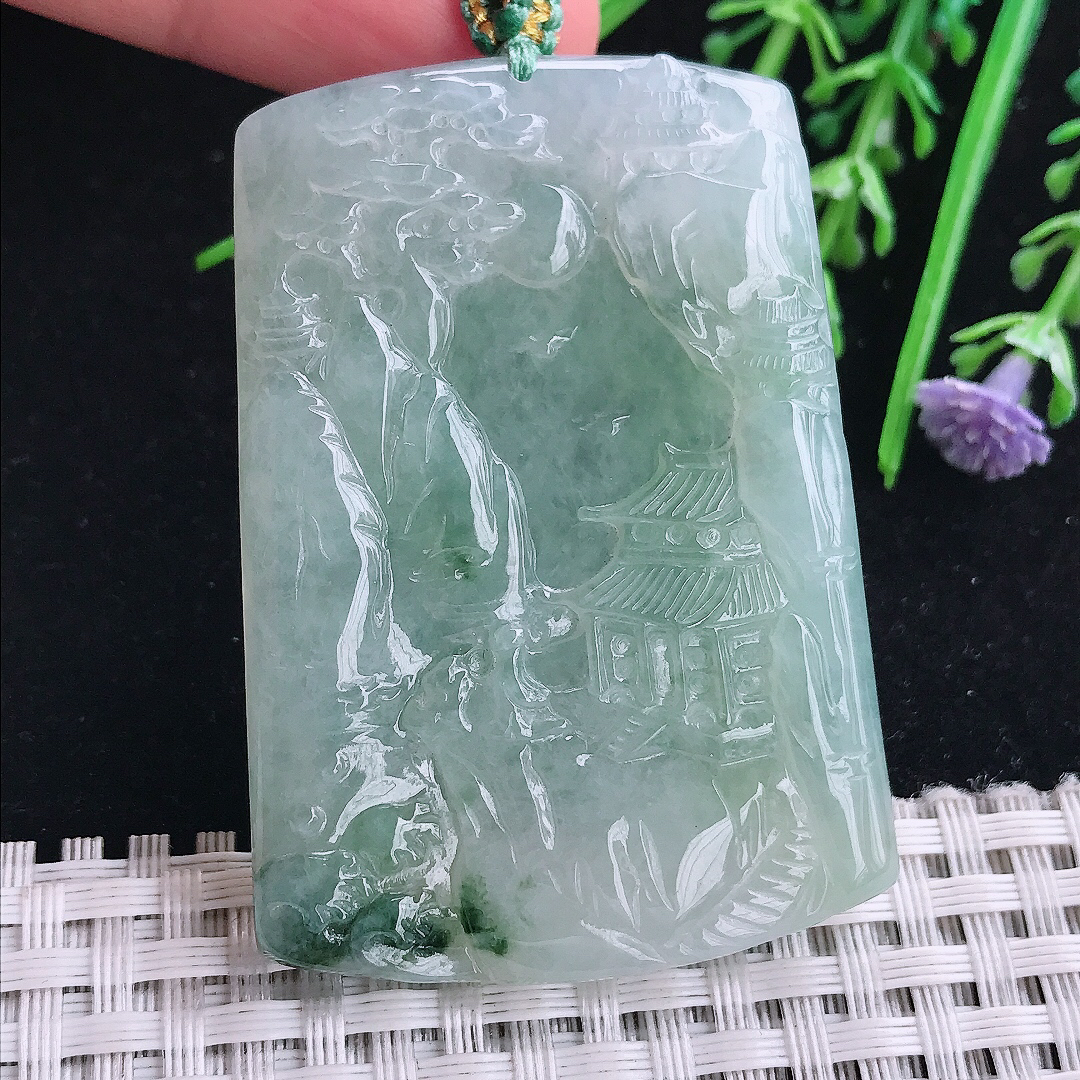实拍A货翡翠55.8/39.5/5.8老坑冰纯起胶冰晴山水牌吊坠翡翠玉挂件