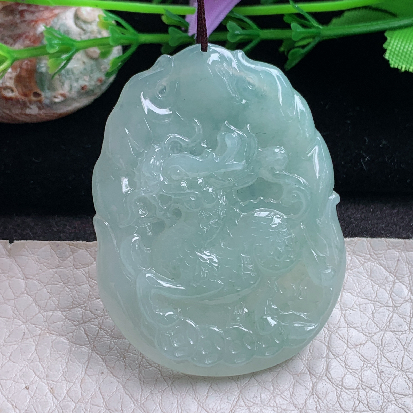 kh实拍50*38.5*6缅甸翡翠冰透晴水麒麟送瑞吊坠吉祥瑞兽