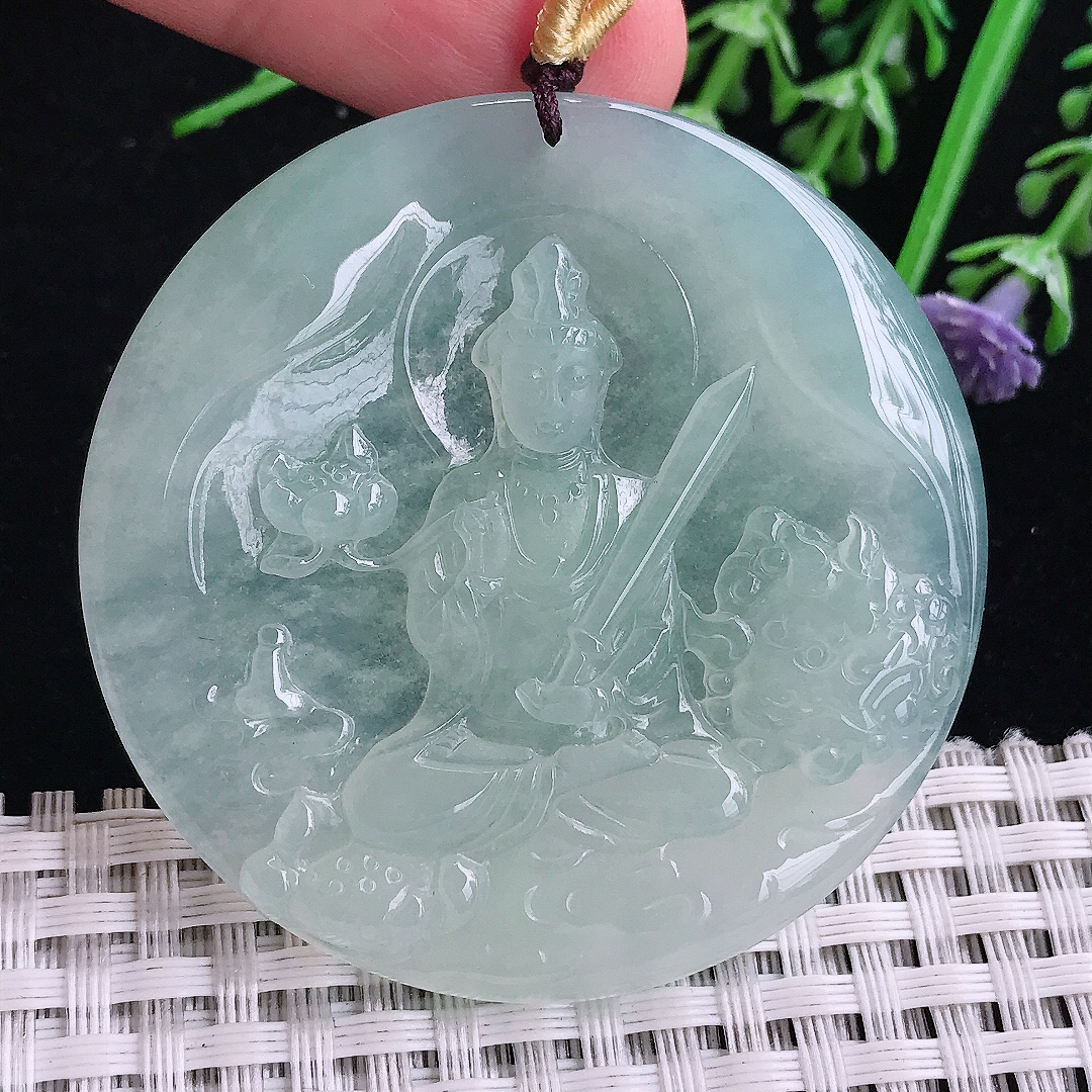 实拍A货翡翠52/5.6老坑冰胶果冻冰晴绿虚空藏菩萨吊坠翡翠玉挂件