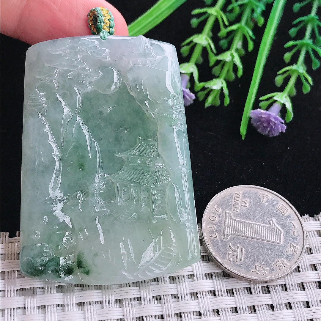 实拍A货翡翠55.8/39.5/5.8老坑冰纯起胶冰晴山水牌吊坠翡翠玉挂件