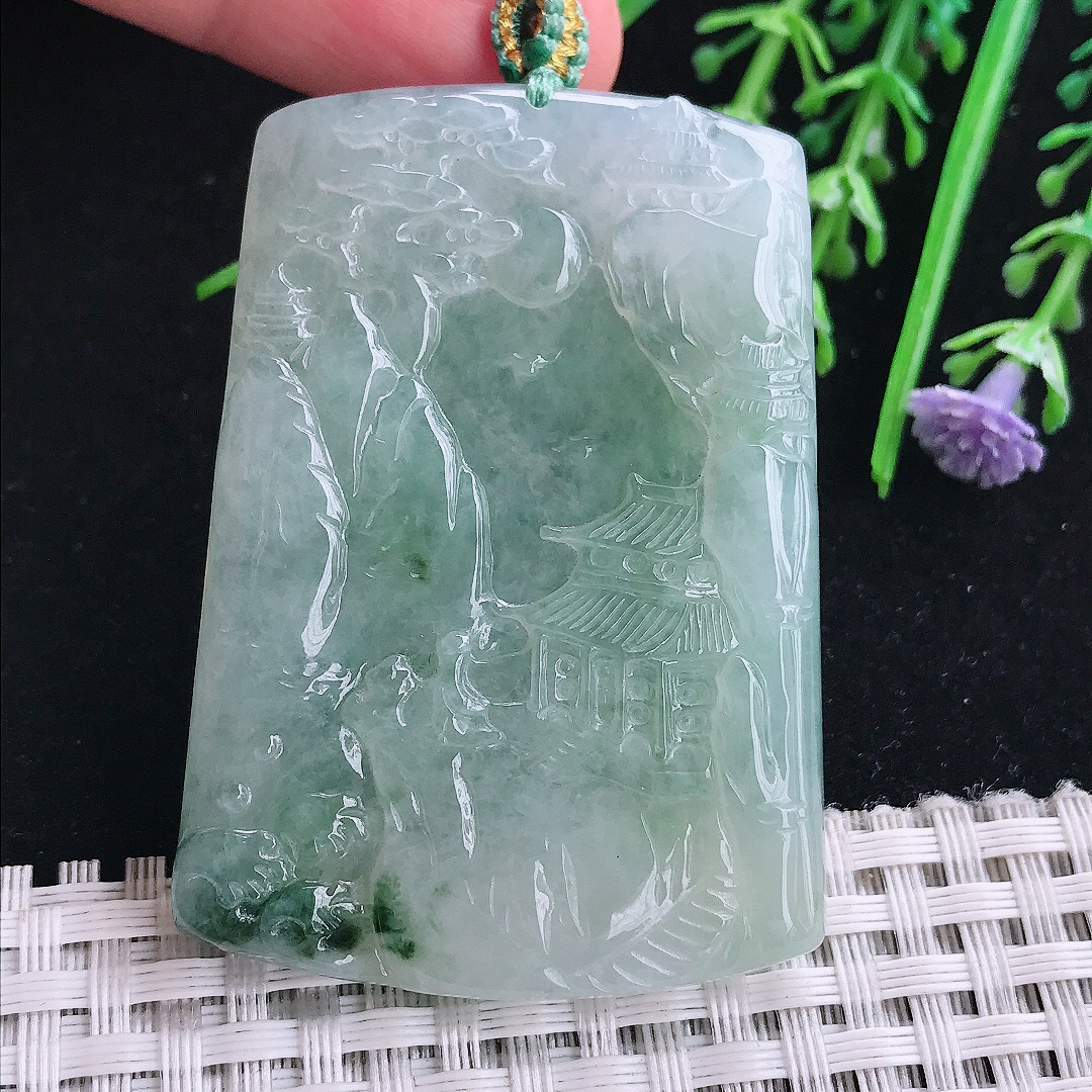 实拍A货翡翠55.8/39.5/5.8老坑冰纯起胶冰晴山水牌吊坠翡翠玉挂件