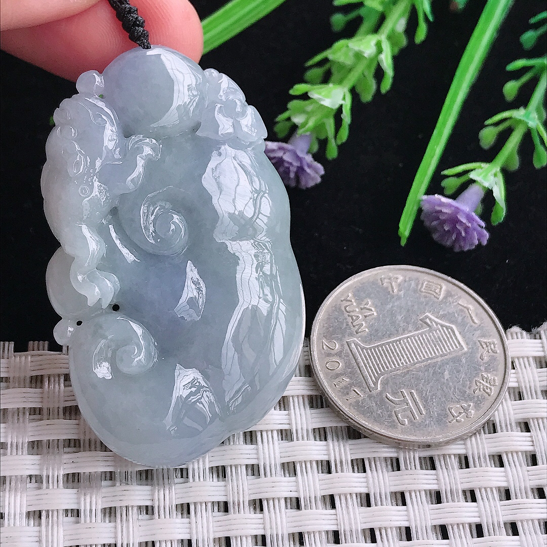 实拍A货翡翠48/29.7/8.1老坑精美温润紫罗兰如意吊坠翡翠玉挂件