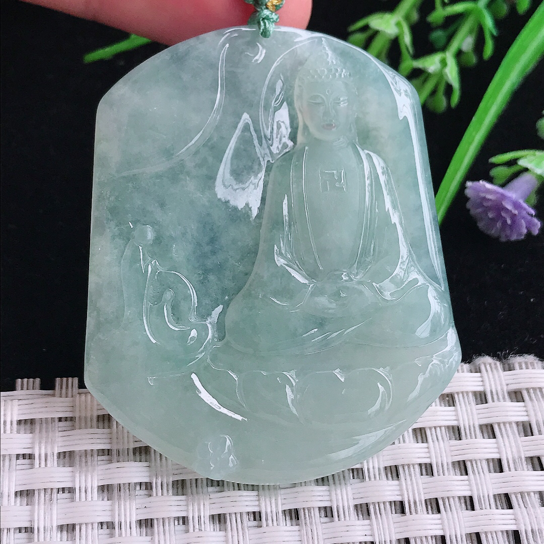 实拍A货翡翠51.2/43.3/5老坑冰晴绿大日如来佛祖吊坠翡翠玉挂件
